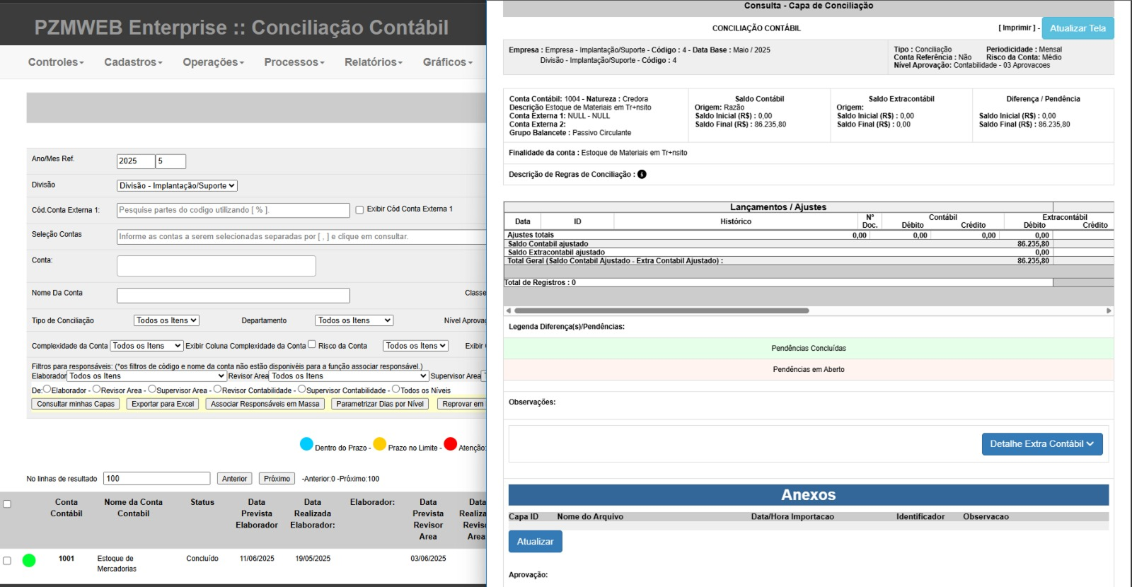 Tela original do PZM Enterprise. O detalhe selecionado mostra filtros de responsáveis, status ou conta e saldos.